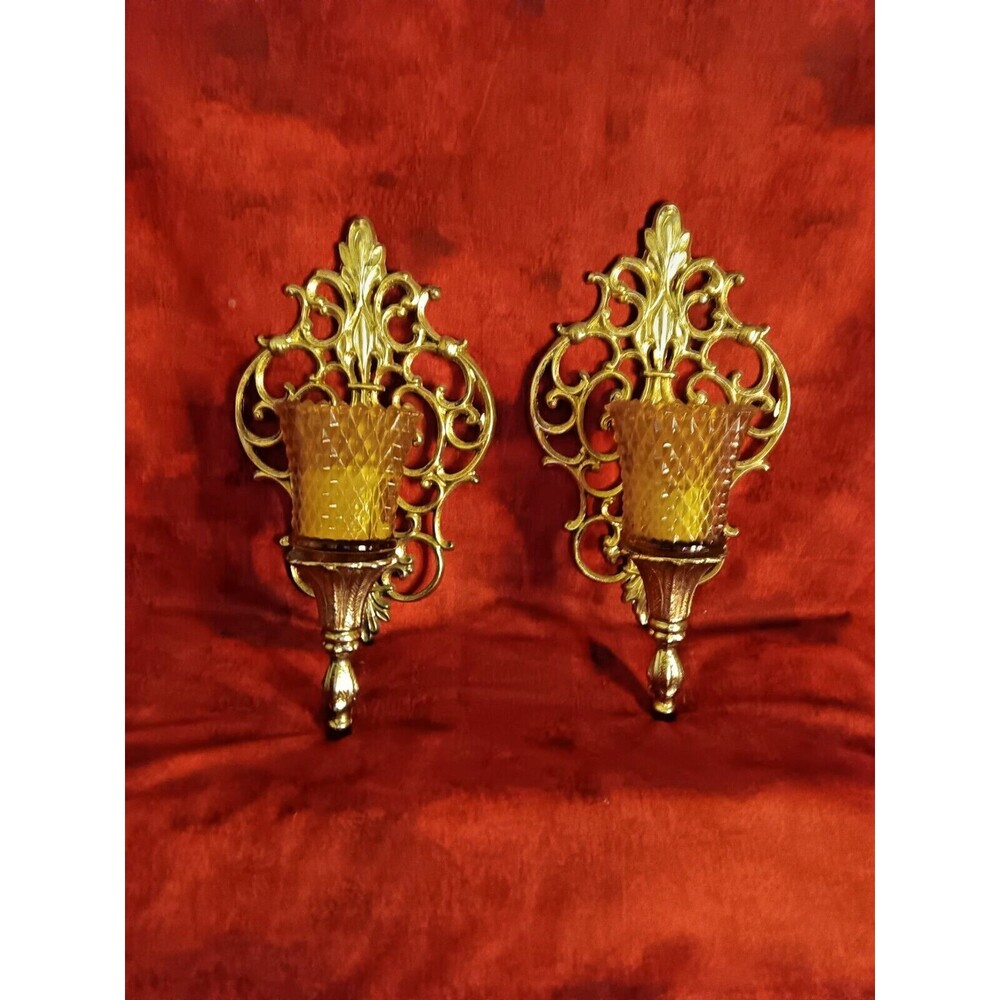 vtg Pair Gold Gilt Metal Sconces Wall Candle Holders ROCOCO Regency GLAM